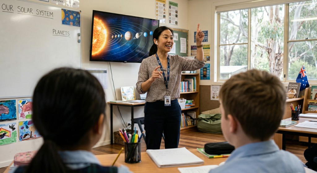 Teacher with earpiece gesturing toward a classroom display showing the solar system, students in the foreground