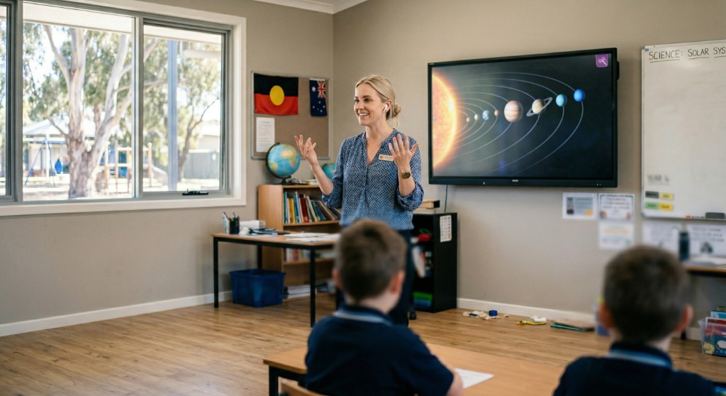 Teacher in a bright classroom gesturing toward a wall-mounted display showing the solar system